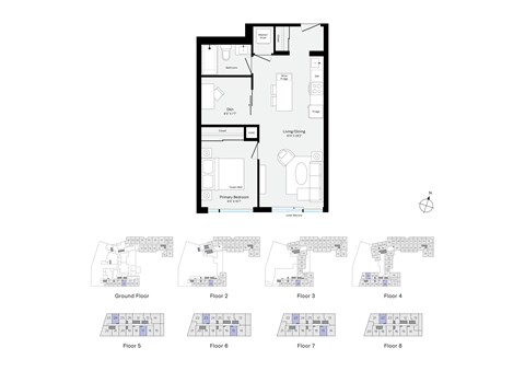 Floor plan for 1 bed, 1 bath, 602 sqft
